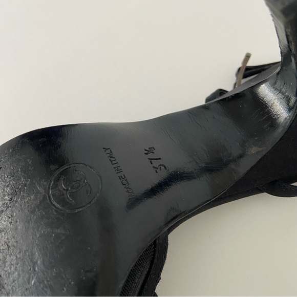 Chanel Black Mesh And Satin CC Open Toe Ankle Strap Heeled Sandals - Picture 15 of 16